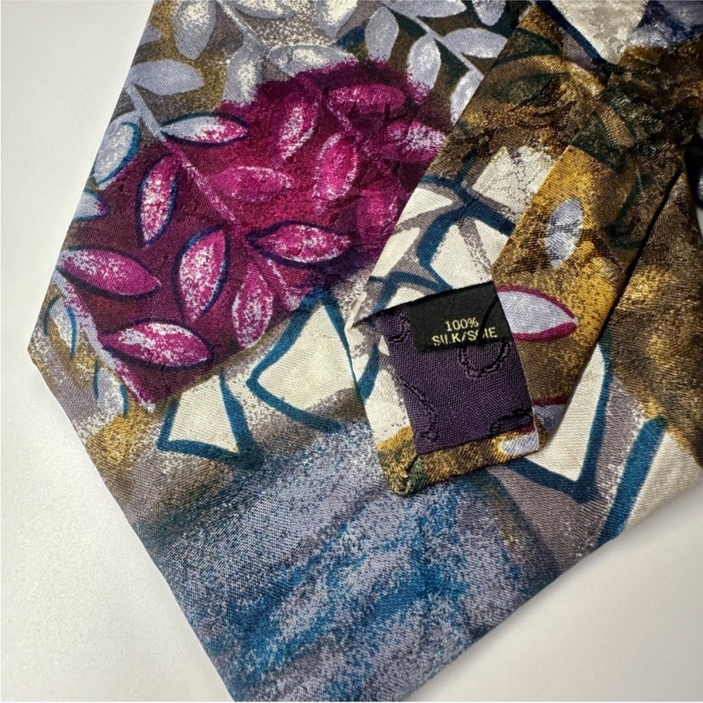 Vintage CHARVET Abstract Floral Jewel-Tone Classic Handmade Silk Tie, 4” - Picture 5 of 7
